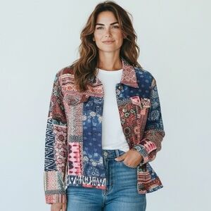 Desigual Cotton Pakaian Jadi Wanita Jacket Patchwork Chambray Size 44/L